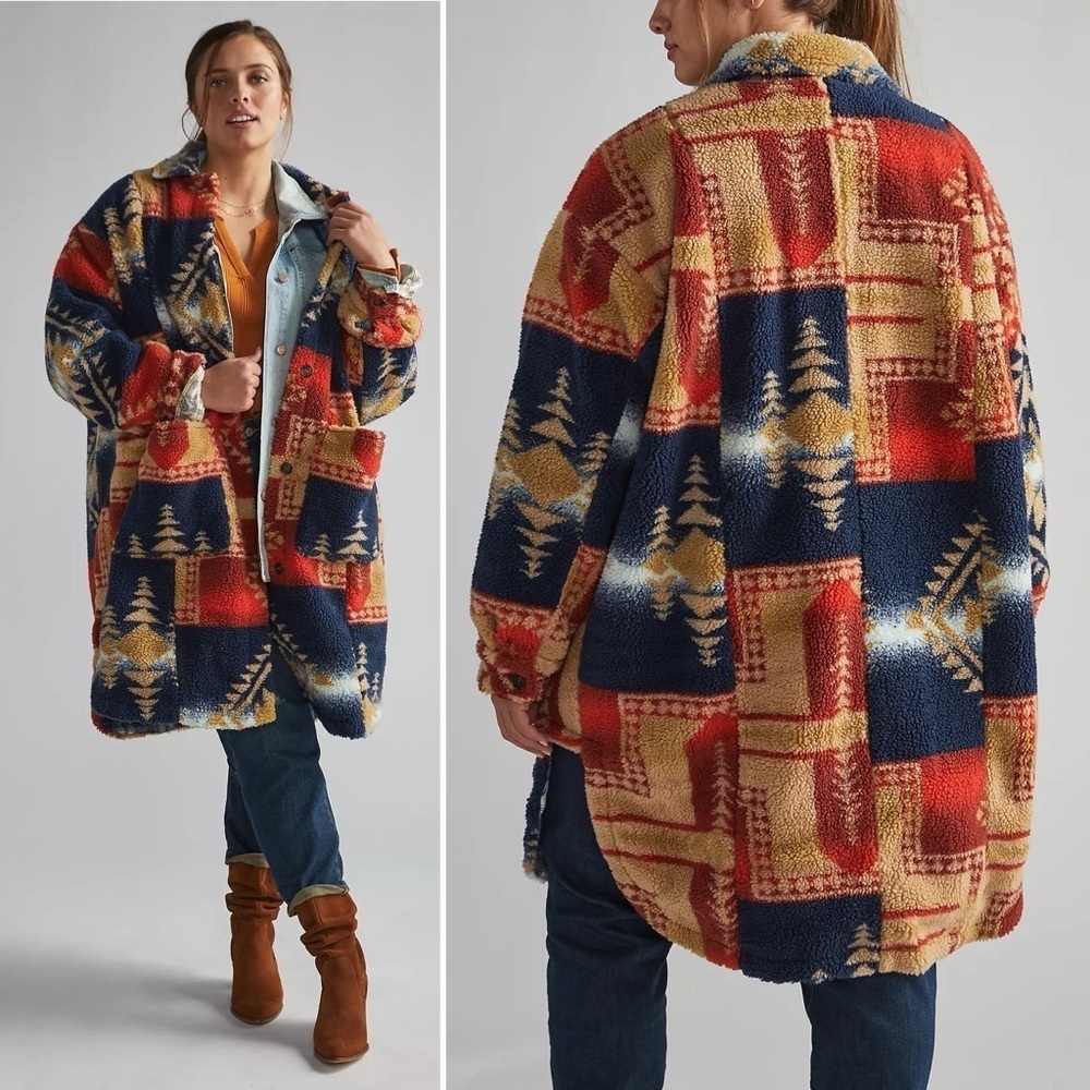 Anthropologie Pilcro Leopard Duster Jacket Sherpa Southwestern Country Boho Med